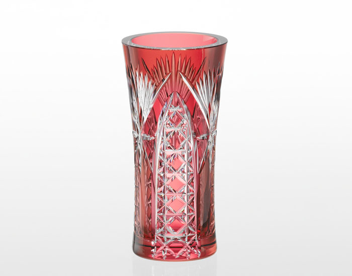 最高級 カガミクリスタル 江戸切子 籠目 花瓶 花器 クリスタルガラス 赤インテリア小物
